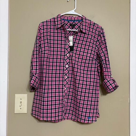 Talbots Pink Black White Plaid Button Down Cotton Blouse Petite Large NWT - Picture 1 of 9